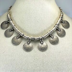 Vintage Handmade Old Coin Pewter Necklace Afghan Statement Unique Silver Plated